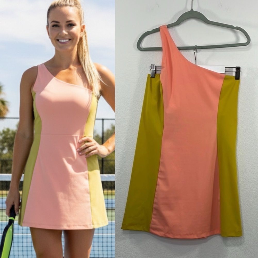 OV Outdoor Voices One shoulder Dress Nectarine/Dijon Color block size Large‎